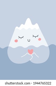 Illustration of a cute iceberg in the water with a heart in his hands