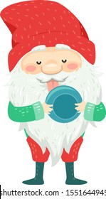 Illustration of a Cute Icelandic Bowl Licker Yule Lad in Iceland with Long White Beard and Mustache Wearing Red Bonnet Holding and Licking the Bowl