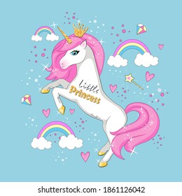 
Illustration Of A Cute Inicorn. 
Little Princess. Ideal Children's Print, Poster, Postcard Or Any Illustration