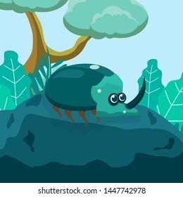 Illustration of cute insect animals. Vector illustration of a horn beetle on a rock against the background of the sky and trees