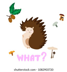 Illustration of cute ironic hedgehog with wild mushrooms