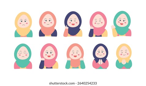 Illustration of cute Islamic female characters with various facial expressions