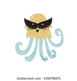 Illustration of a cute jellyfish in a carnival mask in cartoon style. Vector illustration. For packaging design, children's room, branding, Wallpaper, posters, postcards, nursery, baby shower