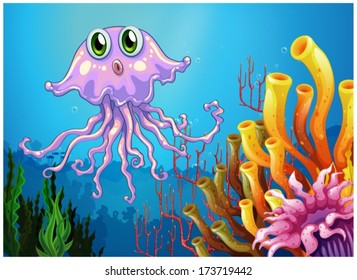 Illustration of a cute jellyfish near the coral reefs on a white background