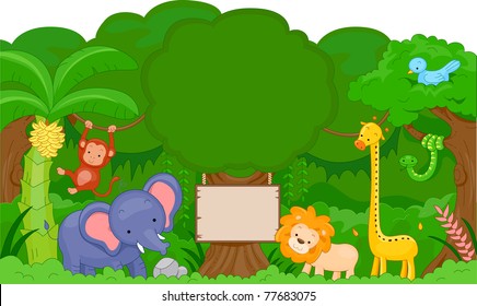 Illustration of Cute Jungle Animals with blank board