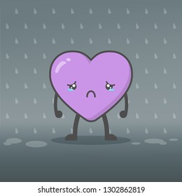 Illustration of cute and kawaii heart mascot charactor crying in the rain feeling sad. Heartbroken, lovelorn and Valentine's day concept