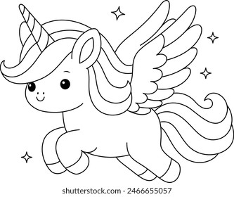 Illustration of a cute kawaii unicorn coloring page. Black and white outline vector cartoon character colouring book