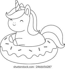 Illustration eines niedlichen kawaii Einhorn und Donut Färbung Seite. Schwarz-Weiß Umriss-Vektorgrafik-Cartoon-Charakter-Malbuch