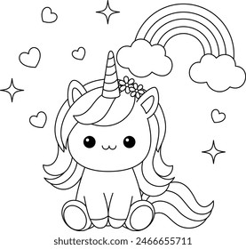 Illustration of a cute kawaii unicorn and rainbow coloring page. Black and white outline vector cartoon character colouring book