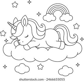 Illustration of a cute kawaii unicorn sleeping coloring page. Black and white outline vector cartoon character colouring book