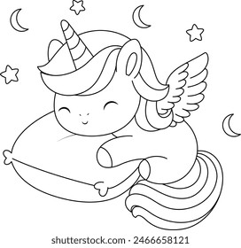 Illustration of a cute kawaii unicorn sleeping coloring page. Black and white outline vector cartoon character colouring book