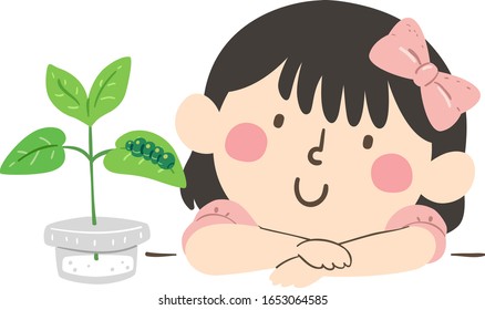 Illustration of a Cute Kid Girl Wearing Pink Ribbon Hair Bow Leaning Her Face on the Table while Watching Her Adopted Caterpillar on the Leaf in Small Plant Pot