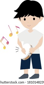 Illustration of a cute kid hitting the tambourine