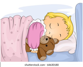 Illustration of a Cute Kid Hugging Her Stuffed Toy While Sleeping