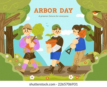 Ilustración de niños lindos cargando plantas y palas mientras caminan por el bosque. Ideal para el Día del Arbor y el Día de la Tierra.