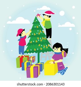 illustration of cute kids decorating Christmas tree and making Christmas gifts. Christmas elves icon set. Vector illustration 