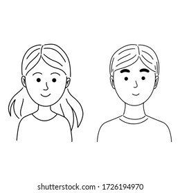 Illustration of cute kids in a linear doodle style. Set of smiling boy and girls. For children's creativity, coloring, design, logo. Isolated on a white background.