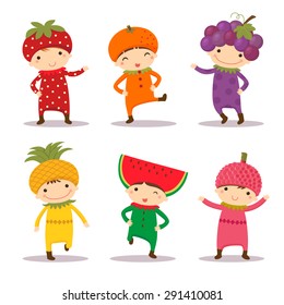 Illustration of cute kids in strawberry, orange, grape, pine apple, watermelon and litchi costumes