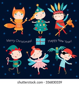 Illustration of cute kids wearing Christmas costumes.