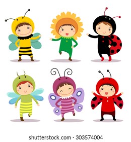 Illustration of cute kids wearing insect and flower costumes