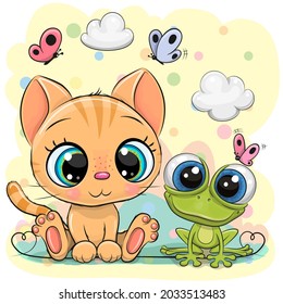 Illustration of cute Kitten and frog and butterflies on a blue background