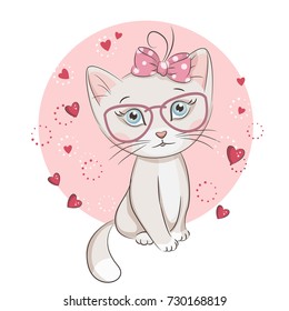 Illustration of cute kitten in glasses. Vector design on white background. Print for t-shirt. Romantic hand drawing illustration for children.