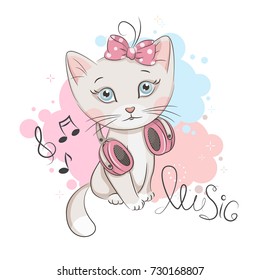 Illustration of cute kitten with headphones. Vector design on white background. Print for t-shirt.  Romantic hand drawing illustration for children.