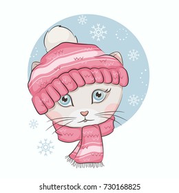 Illustration of cute kitten .Its is wearing a knitted hat and scarf with ornament. Vector design on white background. Print for t-shirt. Romantic hand drawing illustration for children.