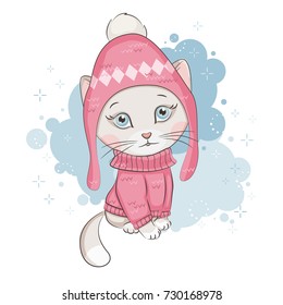 Illustration of cute kitten .Its is wearing a knitted hat and sweater with ornament. Vector design on white background. Print for t-shirt.  Romantic hand drawing illustration for children.children.