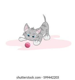 Illustration cute kitten playing with ball