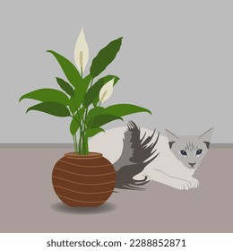 Illustration of a cute kitten sitting near a plant. Cat with houseplant in flat style illustration. Funny pets scene. Vector illustration