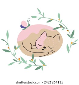 Illustration of a cute kitten sleeping curled up in a ball. A kitten in a green leaf. Cute illustration for a greeting card. A butterfly sits on a sleeping kitten. Spring atmosphere. Summer atmosphere