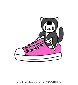 Illustration with a cute kitten in a sneaker playing with Ã±ords.  Vector illustration on white background.