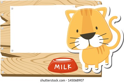 illustration of cute kitten with wooden blank board isolated on white background