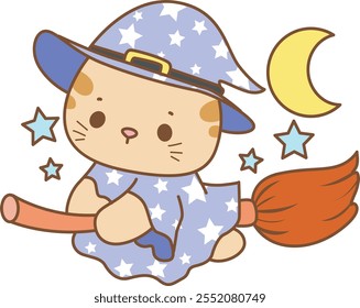 Illustration of cute kitty Christmas icon.
Funny Christmas cat in daily activities elements.
witch Cat is flying with broom stick
