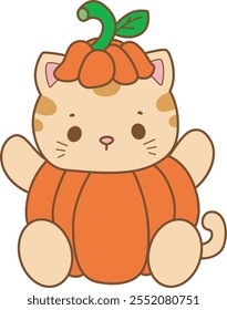 Illustration of cute kitty Christmas icon.
Funny Christmas cat in daily activities elements. Cat wearing a pumpkin costume
