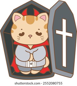 Illustration of cute kitty Christmas icon.
Funny Christmas cat in daily activities elements.
Vampire cat in the coffin
