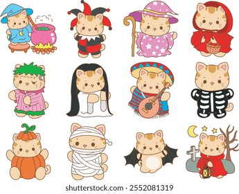 Illustration of cute kitty Christmas icon.
Funny Christmas cat in daily activities elements.
Halloween outfits in the cat characters
