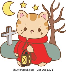 Illustration of cute kitty Christmas icon.
Funny Christmas cat in daily activities elements.
Cat bring a lamp in the grave
