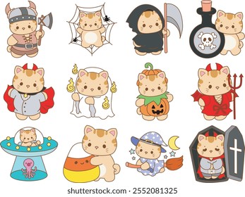 Illustration of cute kitty Christmas icon.
Funny Christmas cat in daily activities elements.
Variation of halloween cat with any costume
