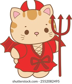 Illustration of cute kitty Christmas icon.
Funny Christmas cat in daily activities elements.
Cat is wearing a red devil costume
