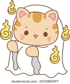 Illustration of cute kitty Christmas icon.
Funny Christmas cat in daily activities elements.
Cat is wearing a ghost costume
