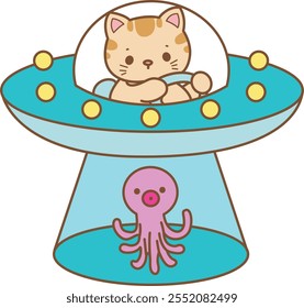 Illustration of cute kitty Christmas icon.
Funny Christmas cat in daily activities elements. Cat is flying with space ship
