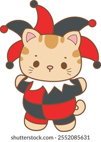 Illustration of cute kitty Christmas icon.
Funny Christmas cat in daily activities elements.
Cat is wearing a clown costume
