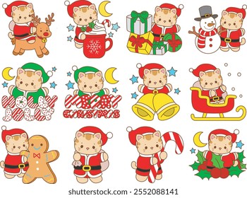 Illustration of cute kitty Christmas icon.
Funny Christmas cat in daily activities elements.
Cat in the variation of santa claus costume
