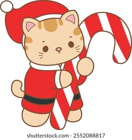 Illustration of cute kitty Christmas icon.
Funny Christmas cat in daily activities elements.
Santa Cat is hugging a candy christmas
