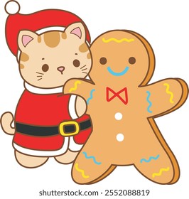 Illustration of cute kitty Christmas icon.
Funny Christmas cat in daily activities elements.
Santa cat hugging a ginger bread
