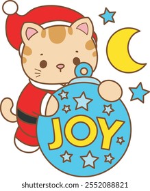 Illustration of cute kitty Christmas icon.
Funny Christmas cat in daily activities elements.
Santa cat is hugging a joy decoration
