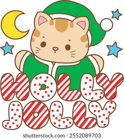 Illustration of cute kitty Christmas icon.
Funny Christmas cat in daily activities elements.
Santa cat with holly jolly text
