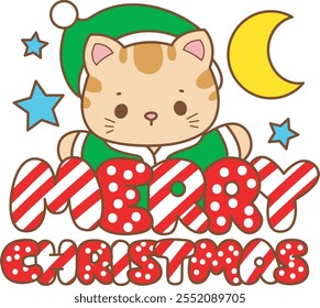 Illustration of cute kitty Christmas icon.
Funny Christmas cat in daily activities elements.
Santa cat with merry christmas text
